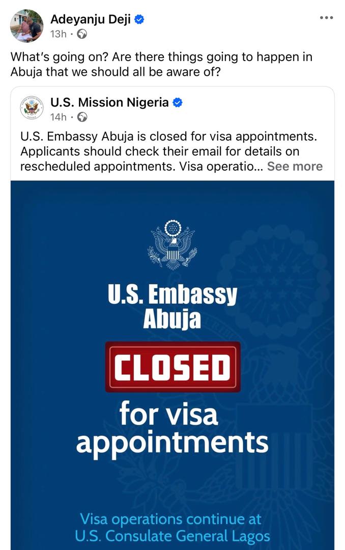 Are there things going to happen in Abuja that we should all be aware of? - Deji Adeyanju questions US Abuja Embassy?s decision to suspend Visa appointments indefinitely